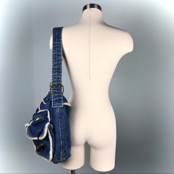 Gap 1969 Blue Denim Shearling Hobo Bag Jean Purse - Picture 4 of 14